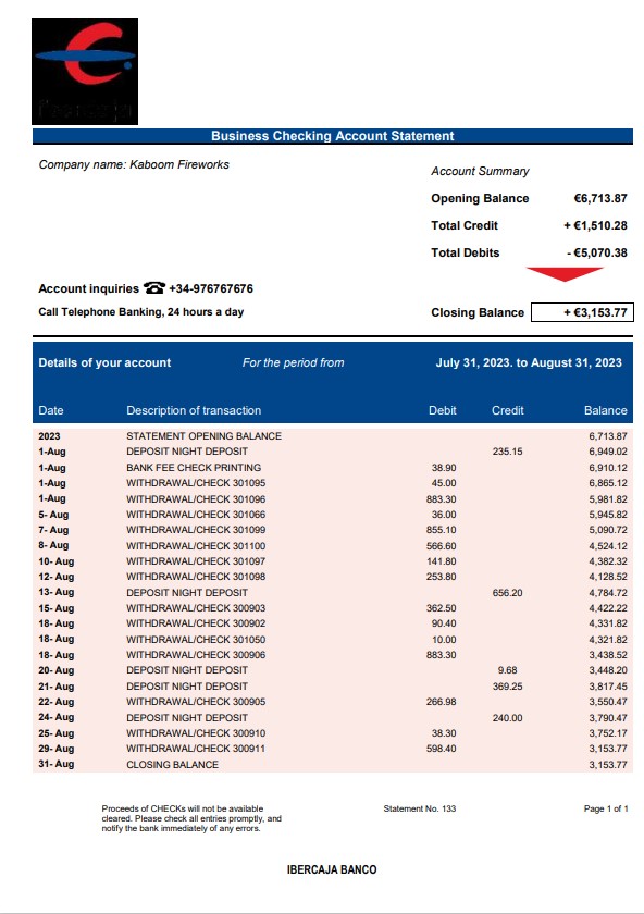 Modèle Word et PDF de relevé de compte ferme de la Banque Ibercaja